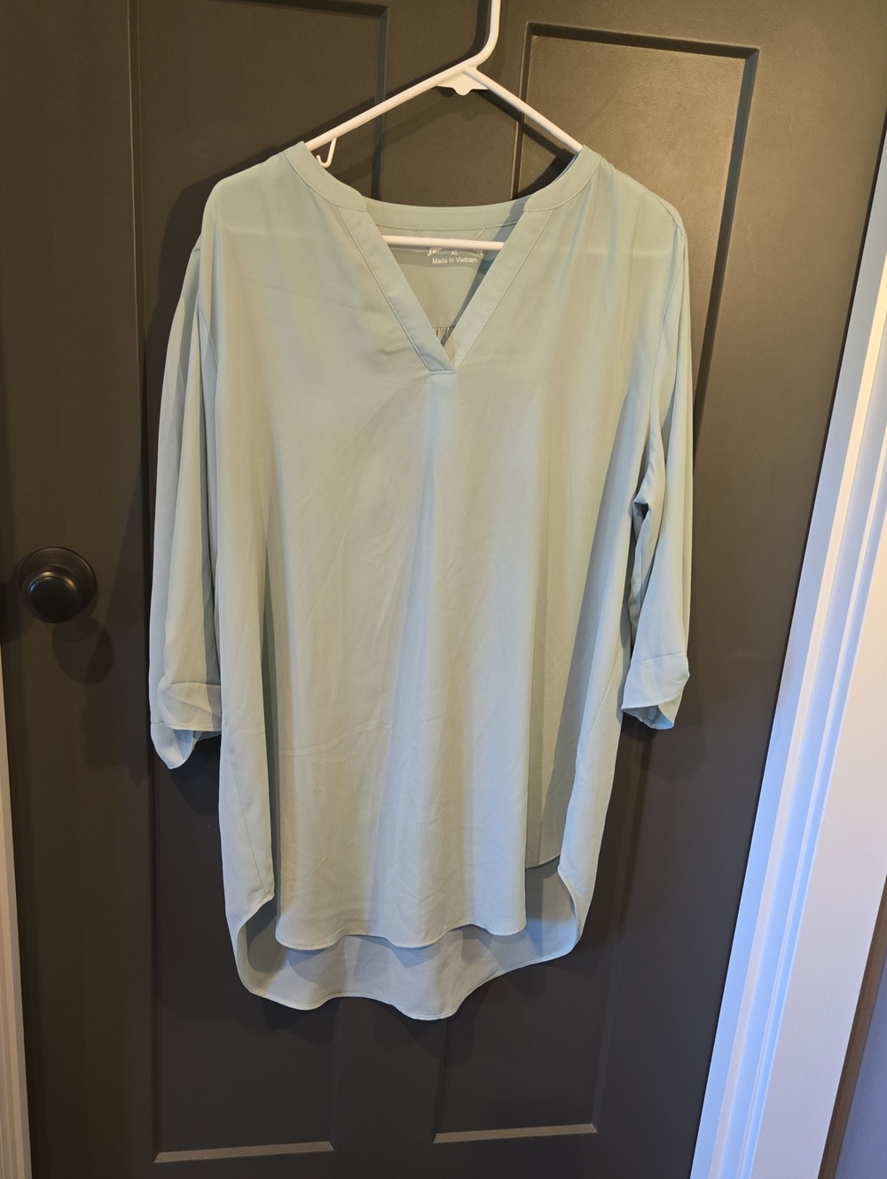 Light Sage V-Neck Tunic Top with Roll-Tab Sleeves